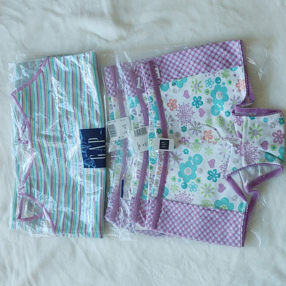 GAP girls 4 piece underwear set purple and aqua flowers and stripes. NWT XL, 12
